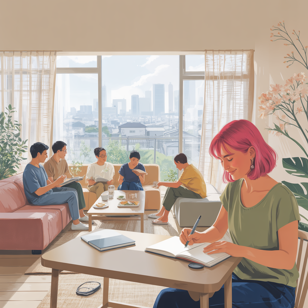 Members gather in the living room of the share house